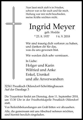 Traueranzeige von Ingrid Meyer von Westfalen-Blatt