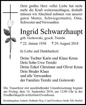 Traueranzeige von Ingrid Schwarzhaupt von Westfalen-Blatt