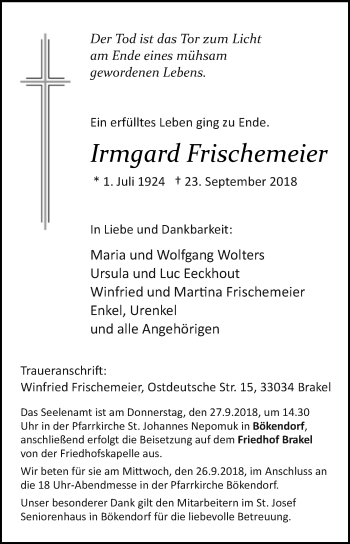 Traueranzeige von Irmgard Frischemeier von Westfalen-Blatt