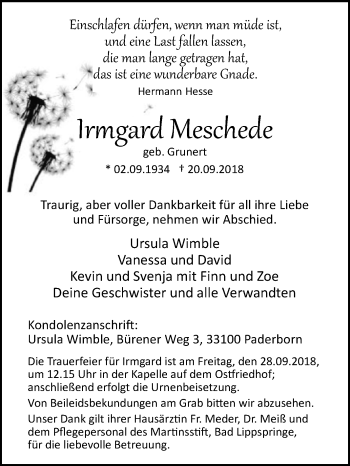 Traueranzeige von Irmgard Meschede von Westfalen-Blatt