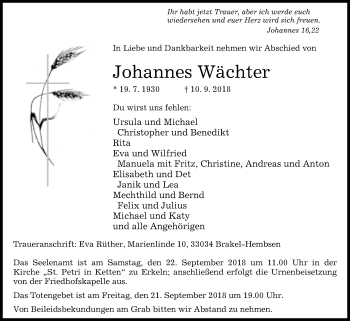 Traueranzeige von Johannes Wächter von Westfalen-Blatt