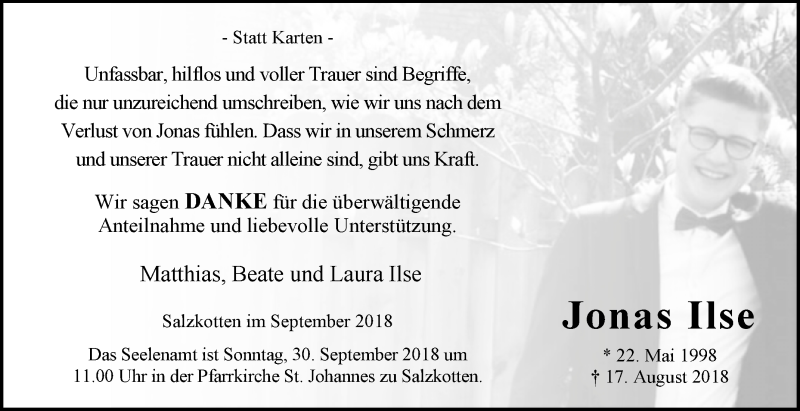  Traueranzeige für Jonas Ilse vom 22.09.2018 aus Westfalen-Blatt