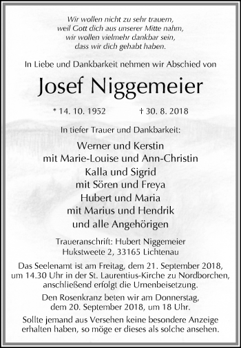 Traueranzeige von Josef Niggemeier von Westfalen-Blatt