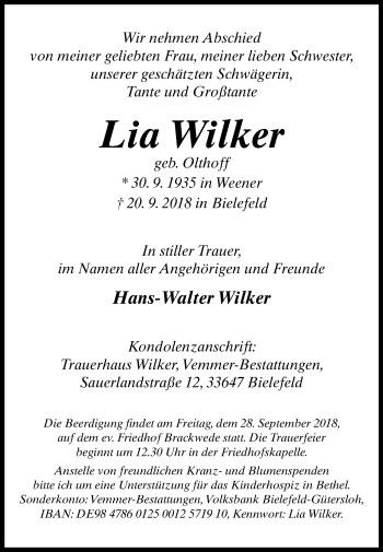 Traueranzeige von Lia Wilker von Westfalen-Blatt