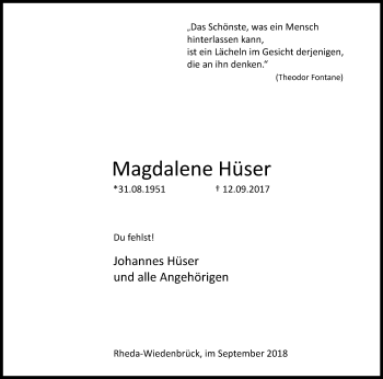 Traueranzeige von Magdalene Hüser von Westfalen-Blatt