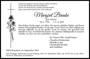 Traueranzeige von Margret Brenke von Westfalen-Blatt