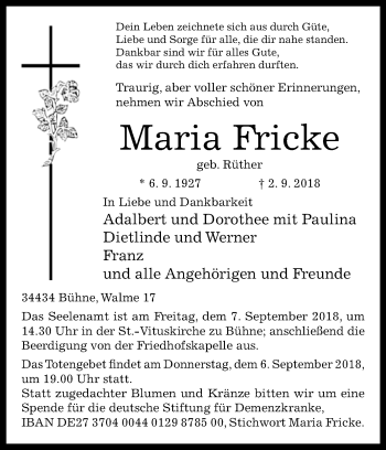 Traueranzeige von Maria Fricke von Westfalen-Blatt