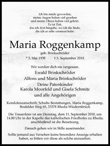 Traueranzeige von Maria Roggenkamp von Westfalen-Blatt