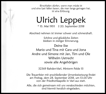 Traueranzeige von Ulrich Leppek von Westfalen-Blatt