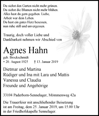 Traueranzeige von Agnes Hahn von Westfalen-Blatt