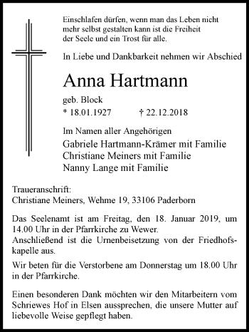 Traueranzeige von Anna Hartmann von Westfalen-Blatt