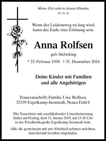 Traueranzeige von Anna Rolfsen von Westfalen-Blatt