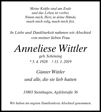 Traueranzeige von Anneliese Wittler von Westfalen-Blatt