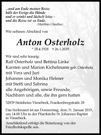 Traueranzeige von Anton Osterholz von Westfalen-Blatt