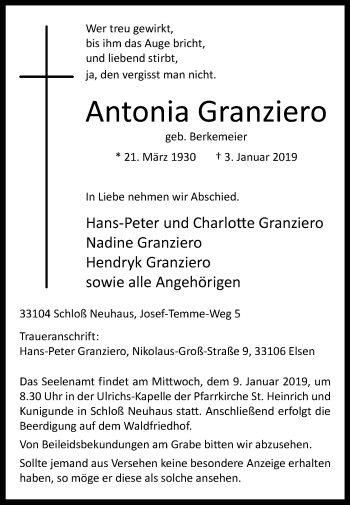 Traueranzeige von Antonia Granziero von Westfalen-Blatt