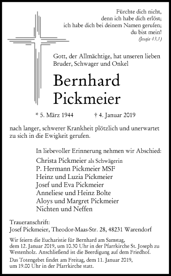 Traueranzeige von Bernhard Pickmeier von Westfalen-Blatt