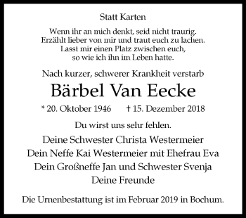 Traueranzeige von Bärbel Van Eecke von Westfalen-Blatt