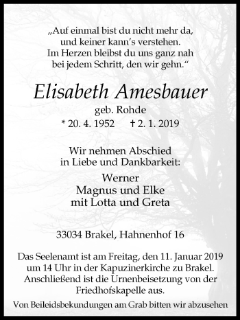 Traueranzeige von Elisabeth Amesbauer von Westfalen-Blatt