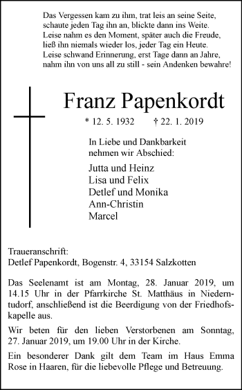 Traueranzeige von Franz Papenkordt von Westfalen-Blatt