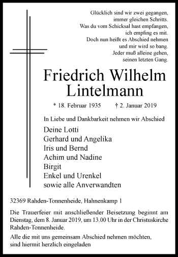 Traueranzeige von Friedrich Wilhelm Lintelmann von Westfalen-Blatt