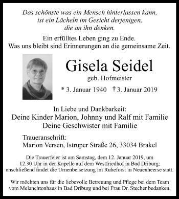 Traueranzeige von Gisela Seidel von Westfalen-Blatt