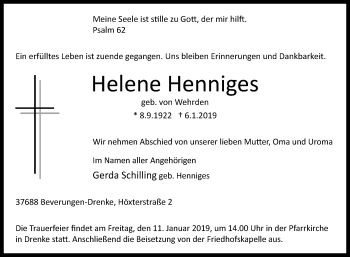 Traueranzeige von Helene Henniges von Westfalen-Blatt