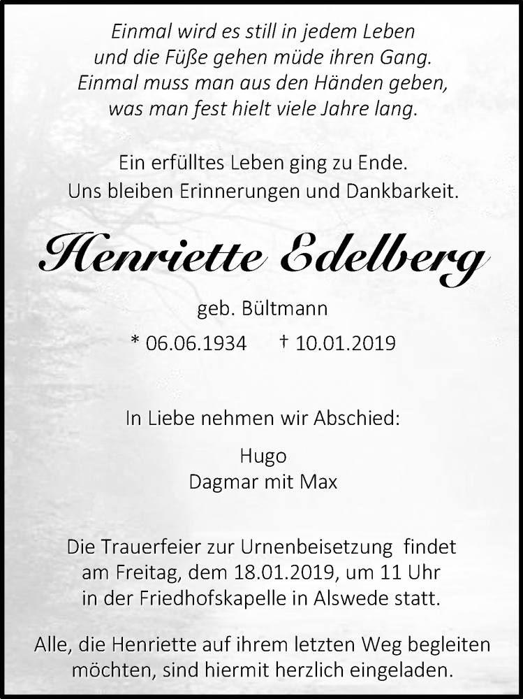  Traueranzeige für Henriette Edelberg vom 14.01.2019 aus Westfalen-Blatt