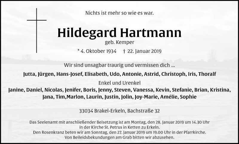  Traueranzeige für Hildegard Hartmann vom 25.01.2019 aus Westfalen-Blatt