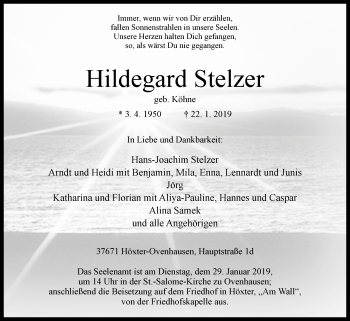 Traueranzeige von Hildegard Stelzer von Westfalen-Blatt