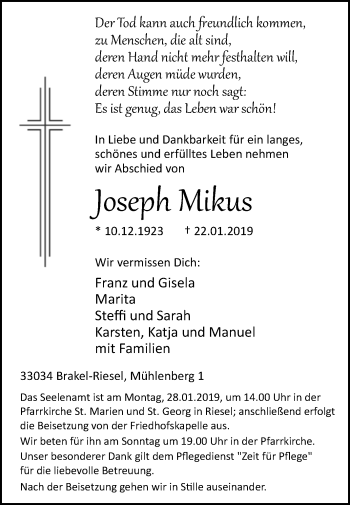 Traueranzeige von Joseph Mikus von Westfalen-Blatt