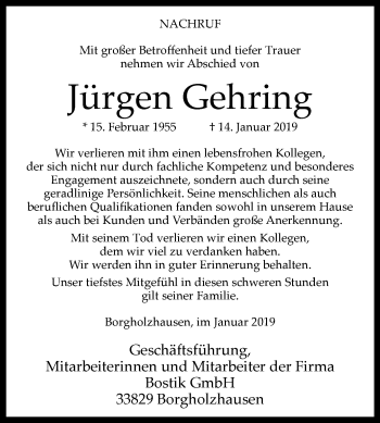 Traueranzeige von Jürgen Gehring von Westfalen-Blatt