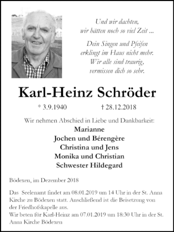 Traueranzeige von Karl-Heinz Schröder von Westfalen-Blatt