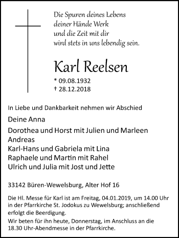 Traueranzeige von Karl Reelsen von Westfalen-Blatt