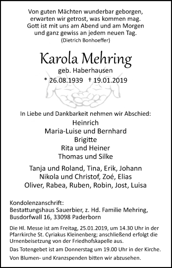 Traueranzeige von Karola Mehring von Westfalen-Blatt