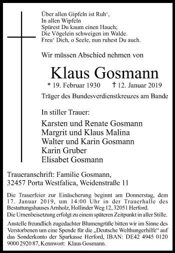 Traueranzeige von Klaus Gosmann von Westfalen-Blatt