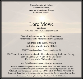 Traueranzeige von Lore Mowe von Westfalen-Blatt