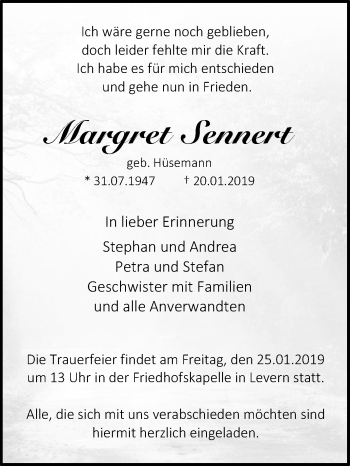 Traueranzeige von Margret Sennert von Westfalen-Blatt