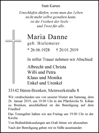 Traueranzeige von Maria Danne von Westfalen-Blatt