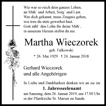 Traueranzeige von Martha Wieczorek von Westfalen-Blatt