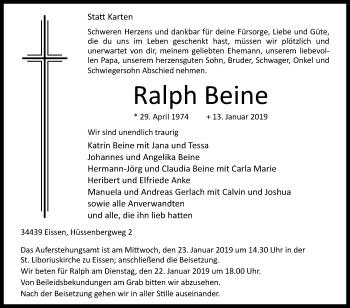 Traueranzeige von Ralph Beine von Westfalen-Blatt