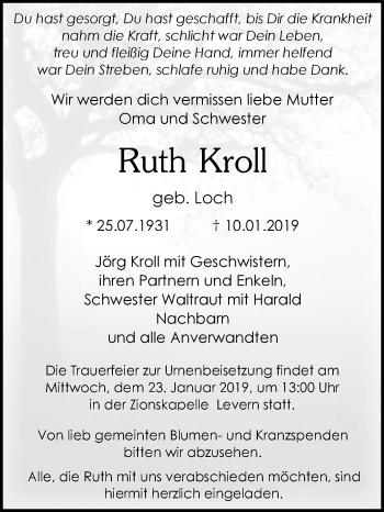 Traueranzeige von Ruth Kroll von Westfalen-Blatt