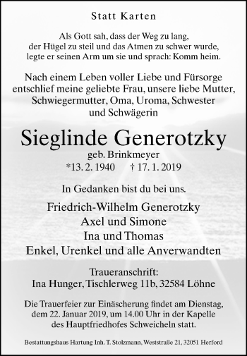 Traueranzeige von Sieglinde Generotzky von Westfalen-Blatt