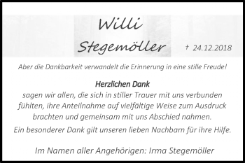 Traueranzeige von Willi Stegemöller von Westfalen-Blatt