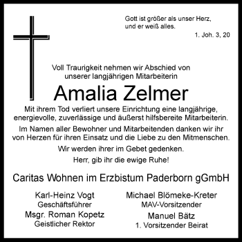 Traueranzeige von Amalia Zelmer von Westfalen-Blatt