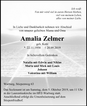 Traueranzeige von Amalia Zelmer von Westfalen-Blatt