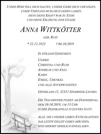 Traueranzeige von Anna Wittkötter von Westfalen-Blatt