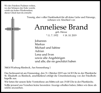 Traueranzeige von Anneliese Brand von Westfalen-Blatt