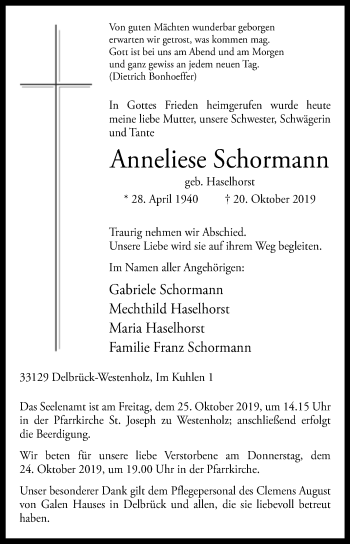 Traueranzeige von Anneliese Schormann von Westfalen-Blatt