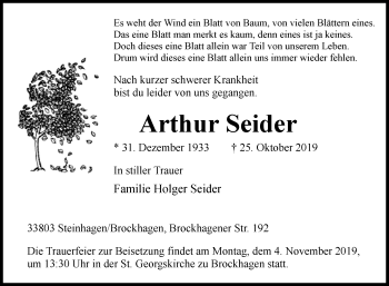 Traueranzeige von Arthur Seider von Westfalen-Blatt