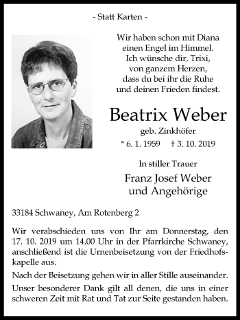 Traueranzeige von Beatrix Weber von Westfalen-Blatt